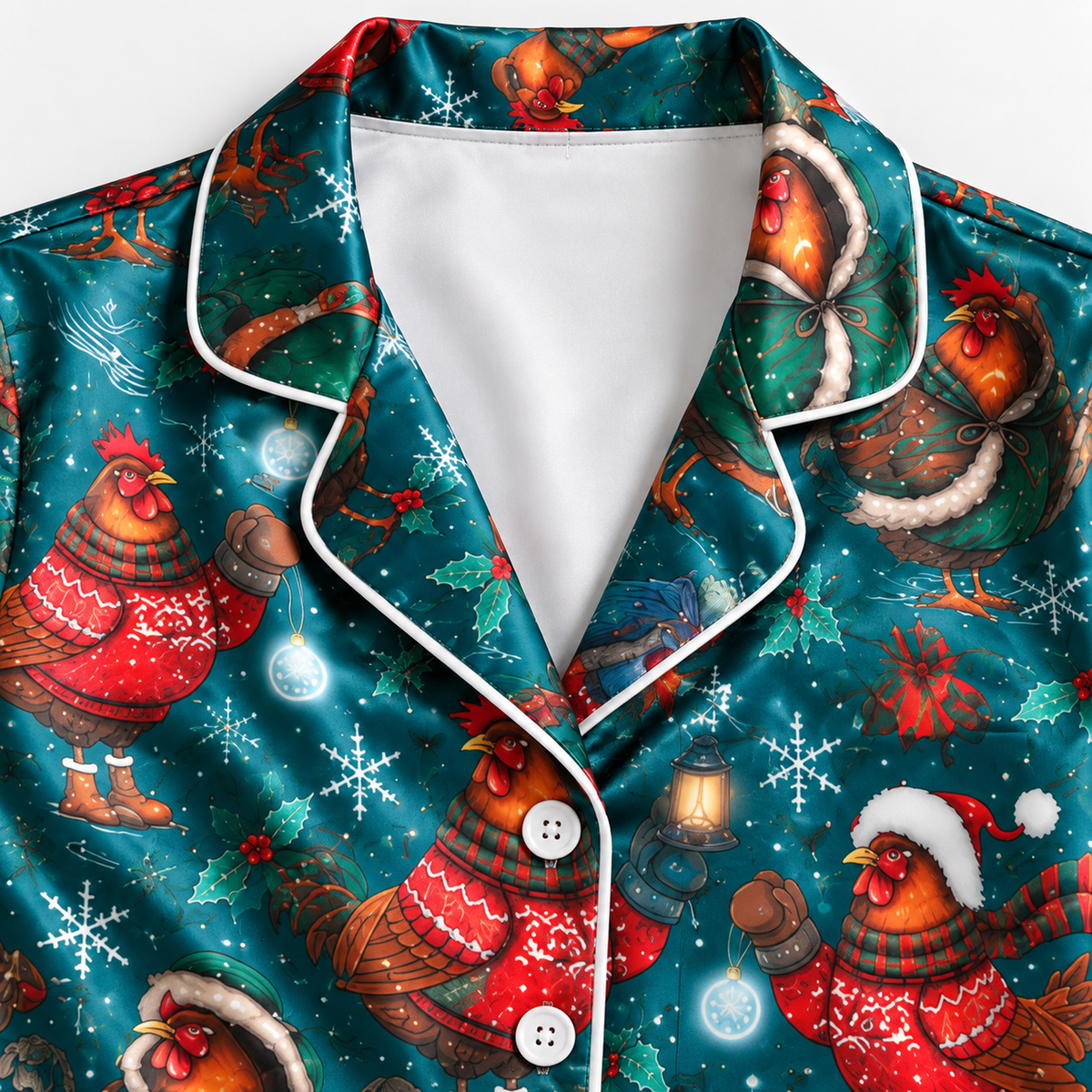 PJ-M2113-Christmas Chicken Satin Pajama Set with Festive Hens Santa Hats Ornaments Pine Branches and Cozy Winter Holiday Pattern