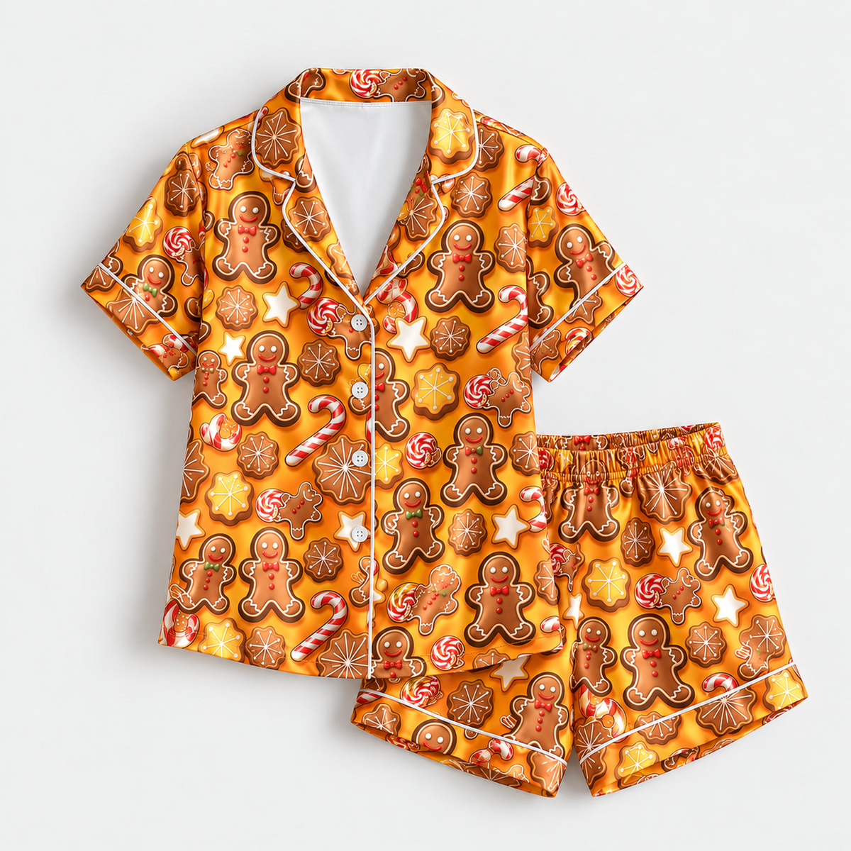 PJ-M2114-Gingerbread Christmas Satin Pajama Set with Cookies Candy Canes Peppermints Stars and Festive Holiday Pattern