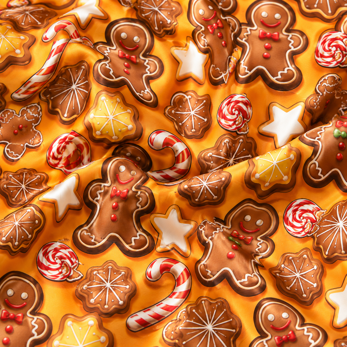 PJ-M2114-Gingerbread Christmas Satin Pajama Set with Cookies Candy Canes Peppermints Stars and Festive Holiday Pattern