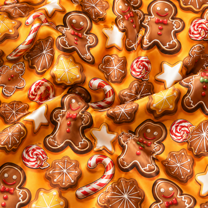 PJ-M2114-Gingerbread Christmas Satin Pajama Set with Cookies Candy Canes Peppermints Stars and Festive Holiday Pattern