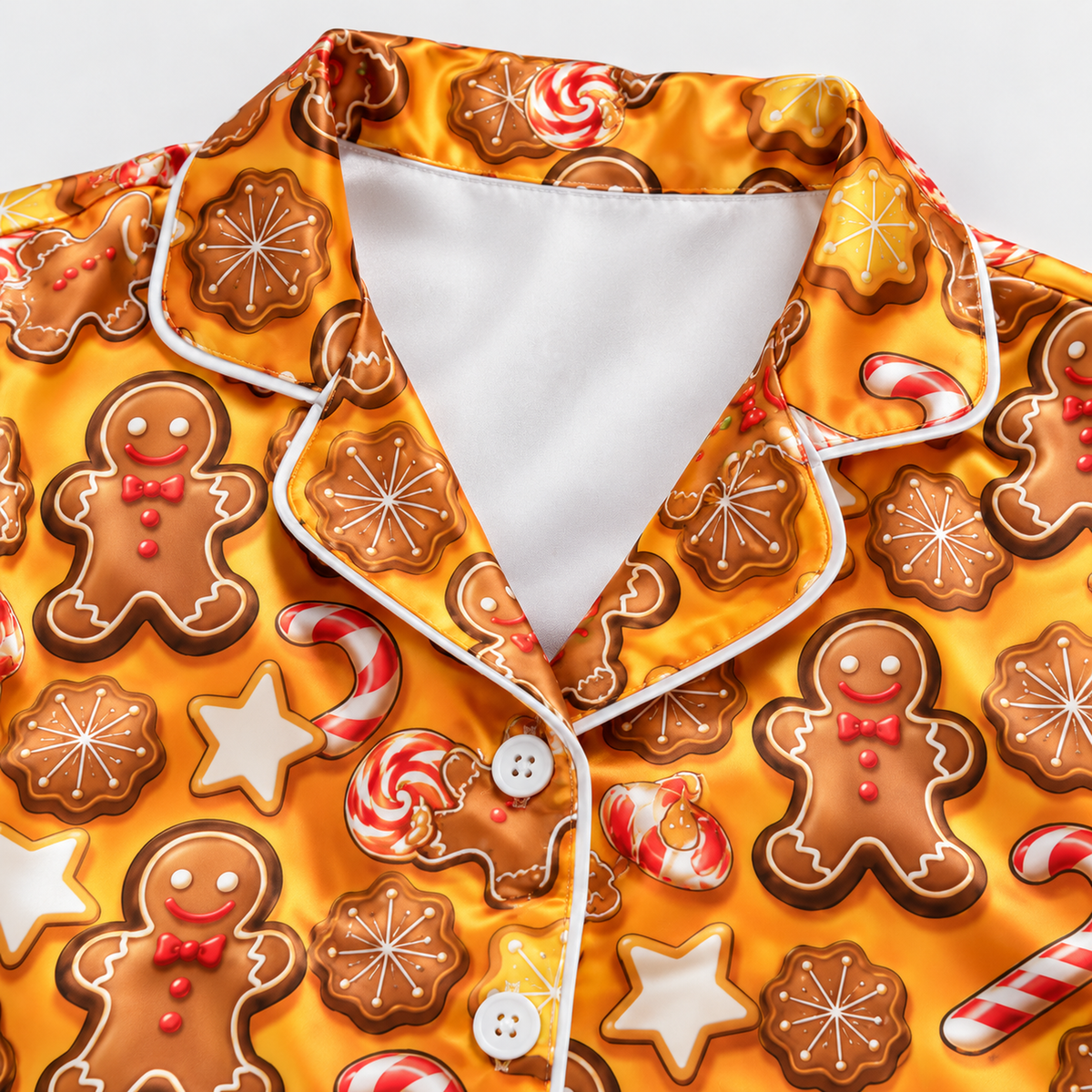 PJ-M2114-Gingerbread Christmas Satin Pajama Set with Cookies Candy Canes Peppermints Stars and Festive Holiday Pattern