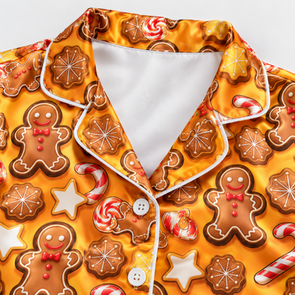 PJ-M2114-Gingerbread Christmas Satin Pajama Set with Cookies Candy Canes Peppermints Stars and Festive Holiday Pattern