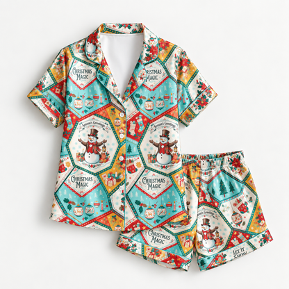 PJ-M2115-Christmas Magic Satin Pajama Set with Snowmen Gifts Trees Snowflakes and Vintage Holiday Patchwork Pattern