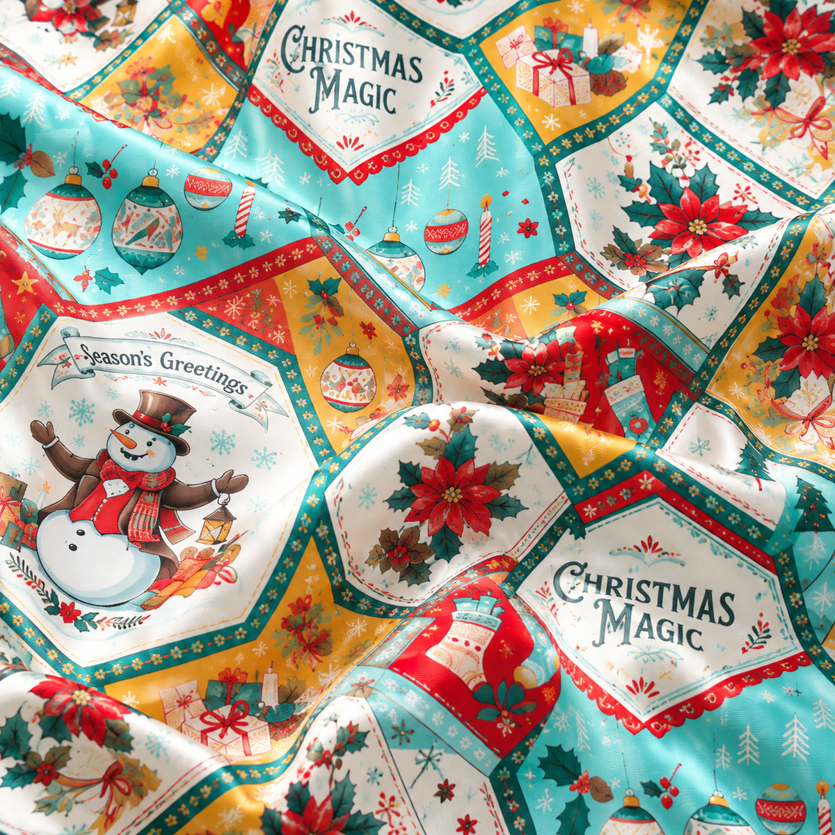 PJ-M2115-Christmas Magic Satin Pajama Set with Snowmen Gifts Trees Snowflakes and Vintage Holiday Patchwork Pattern
