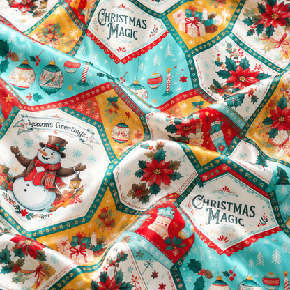 PJ-M2115-Christmas Magic Satin Pajama Set with Snowmen Gifts Trees Snowflakes and Vintage Holiday Patchwork Pattern