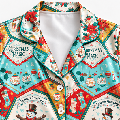 PJ-M2115-Christmas Magic Satin Pajama Set with Snowmen Gifts Trees Snowflakes and Vintage Holiday Patchwork Pattern