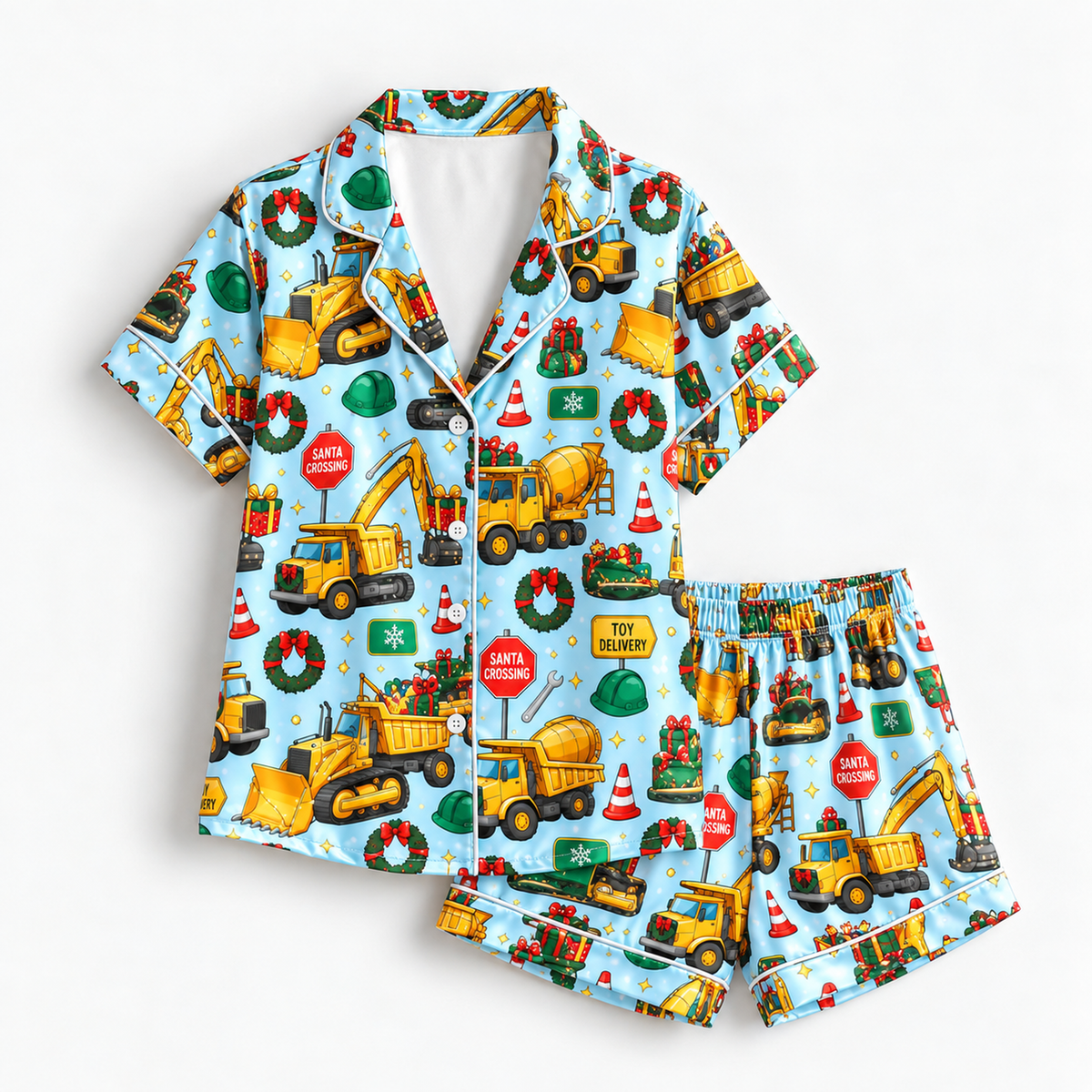 PJ-M2116-Construction Christmas Satin Pajama Set with Excavators Dump Trucks Gifts Wreaths and Festive Holiday Pattern