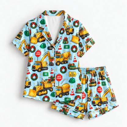 PJ-M2116-Construction Christmas Satin Pajama Set with Excavators Dump Trucks Gifts Wreaths and Festive Holiday Pattern