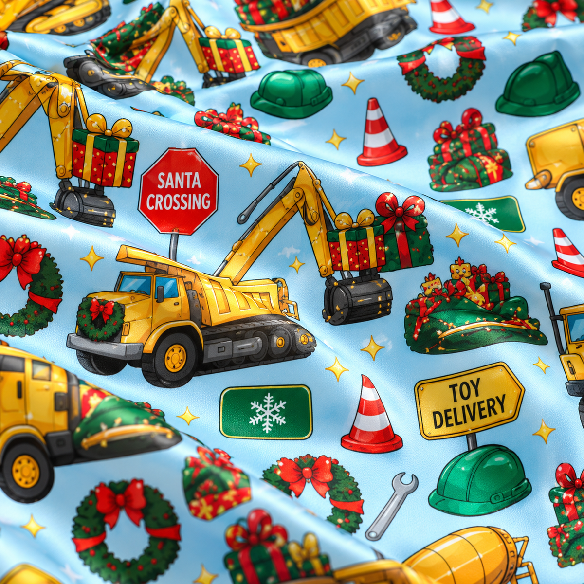 PJ-M2116-Construction Christmas Satin Pajama Set with Excavators Dump Trucks Gifts Wreaths and Festive Holiday Pattern