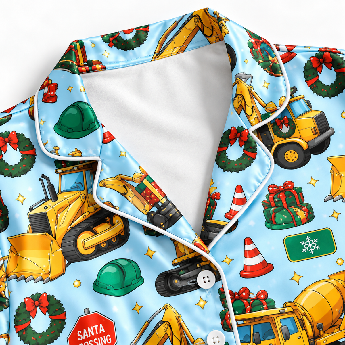 PJ-M2116-Construction Christmas Satin Pajama Set with Excavators Dump Trucks Gifts Wreaths and Festive Holiday Pattern