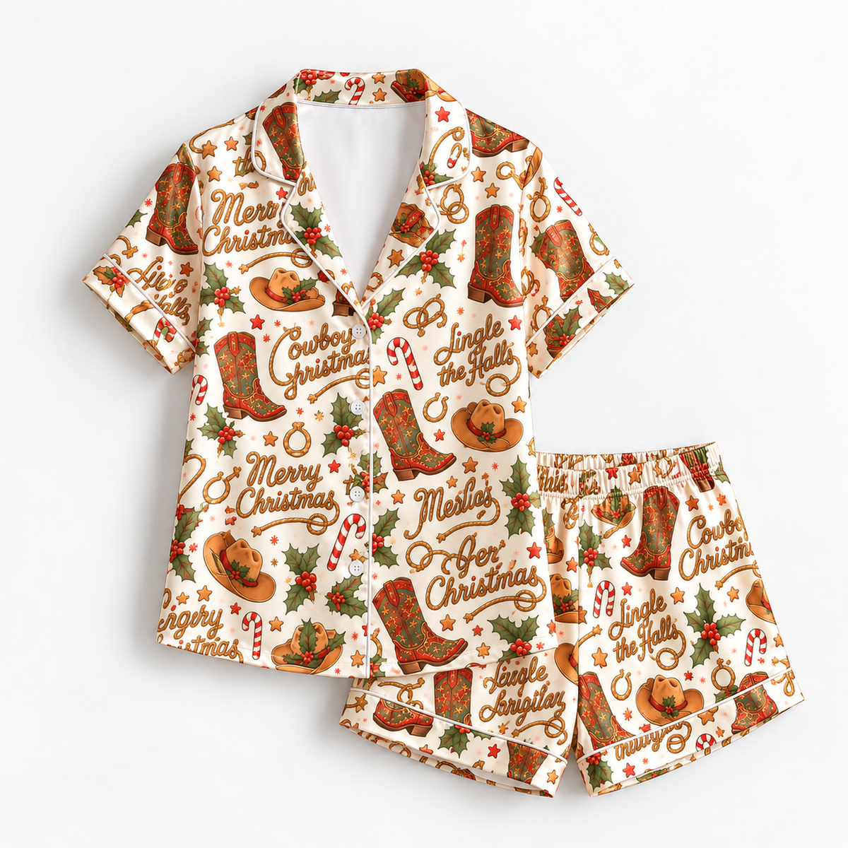 PJ-M2119-Cowboy Christmas Satin Pajama Set with Western Boots Cowboy Hats Horseshoes Holly and Festive Holiday Pattern