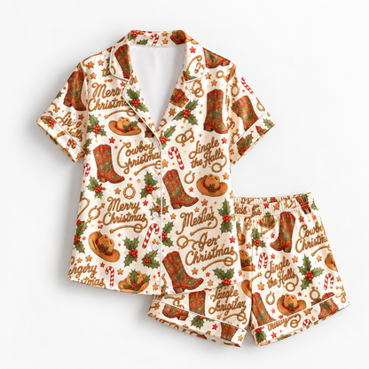PJ-M2119-Cowboy Christmas Satin Pajama Set with Western Boots Cowboy Hats Horseshoes Holly and Festive Holiday Pattern