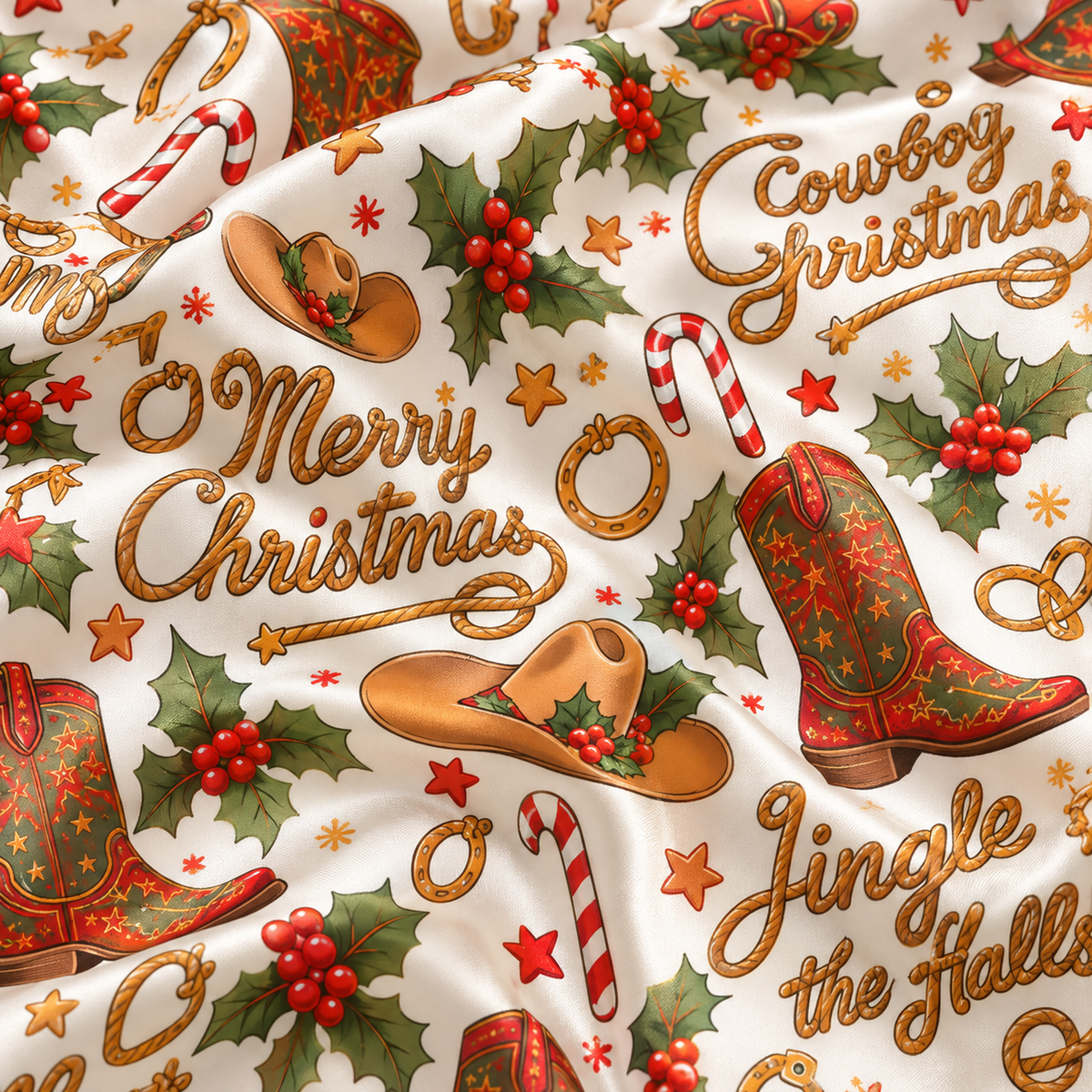 PJ-M2119-Cowboy Christmas Satin Pajama Set with Western Boots Cowboy Hats Horseshoes Holly and Festive Holiday Pattern