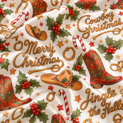 PJ-M2119-Cowboy Christmas Satin Pajama Set with Western Boots Cowboy Hats Horseshoes Holly and Festive Holiday Pattern