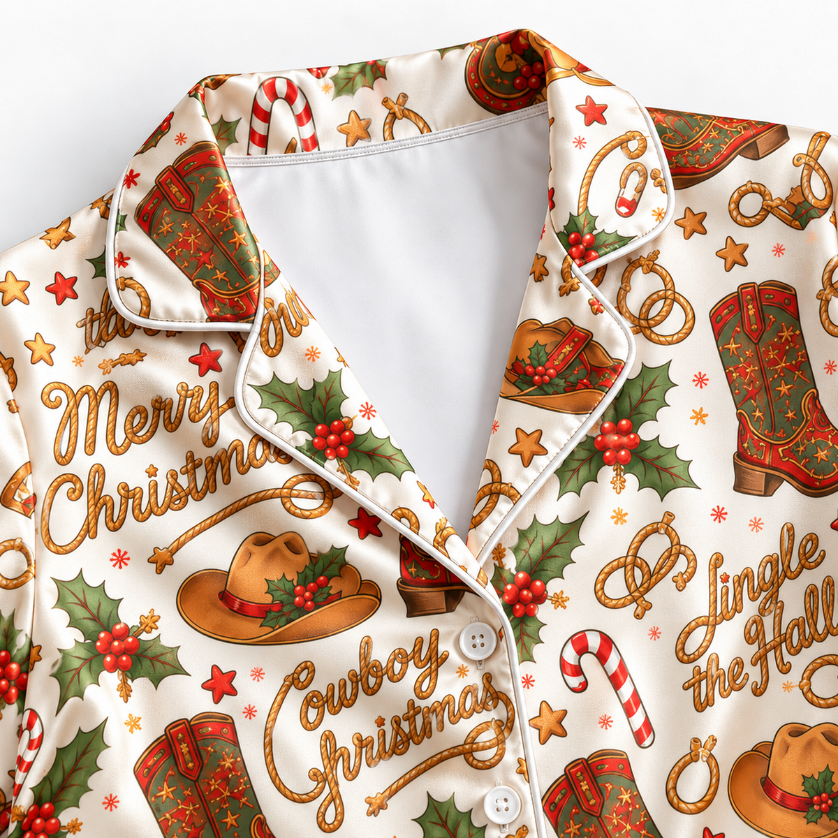 PJ-M2119-Cowboy Christmas Satin Pajama Set with Western Boots Cowboy Hats Horseshoes Holly and Festive Holiday Pattern