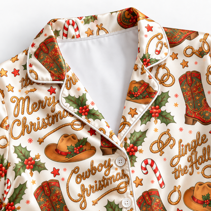 PJ-M2119-Cowboy Christmas Satin Pajama Set with Western Boots Cowboy Hats Horseshoes Holly and Festive Holiday Pattern