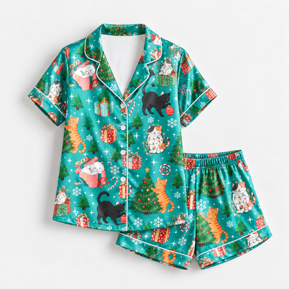 PJ-M2121-Christmas Cat Satin Pajama Set with Festive Cats Christmas Trees Gifts Ornaments Snowflakes and Holiday Pattern