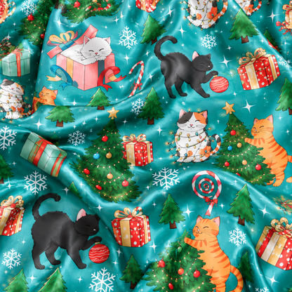 PJ-M2121-Christmas Cat Satin Pajama Set with Festive Cats Christmas Trees Gifts Ornaments Snowflakes and Holiday Pattern