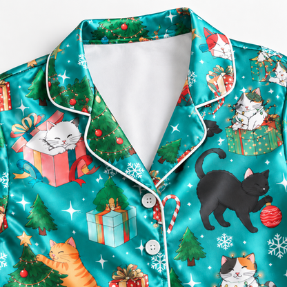 PJ-M2121-Christmas Cat Satin Pajama Set with Festive Cats Christmas Trees Gifts Ornaments Snowflakes and Holiday Pattern