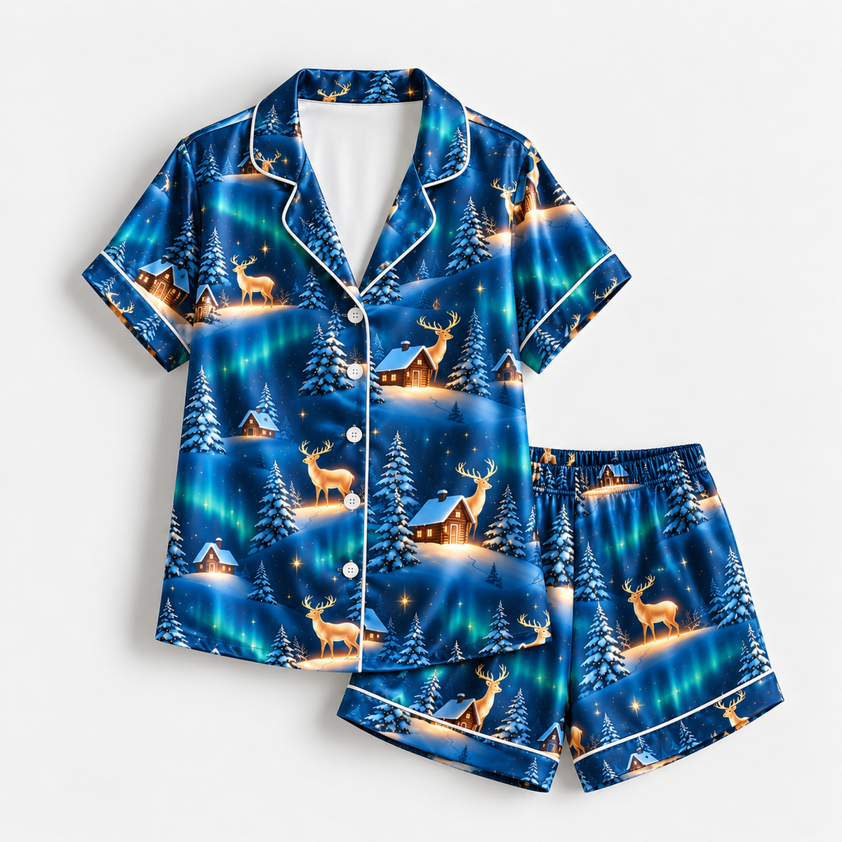 PJ-M2122-Northern Lights Reindeer Satin Pajama Set, Aurora Borealis Winter Pajamas, Snowy Cabin Pine Tree Holiday Sleepwear