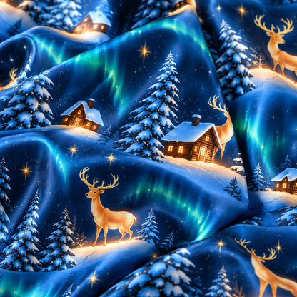 PJ-M2122-Northern Lights Reindeer Satin Pajama Set, Aurora Borealis Winter Pajamas, Snowy Cabin Pine Tree Holiday Sleepwear