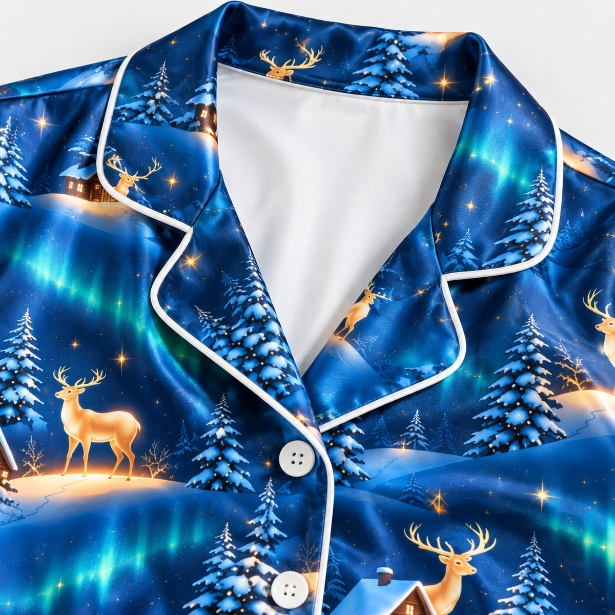 PJ-M2122-Northern Lights Reindeer Satin Pajama Set, Aurora Borealis Winter Pajamas, Snowy Cabin Pine Tree Holiday Sleepwear