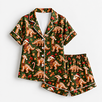 PJ-M2123-Christmas Dinosaur Satin Pajama Set, Gingerbread Dinosaur Santa Hat Pajamas, Candy Cane Festive Holiday Sleepwear