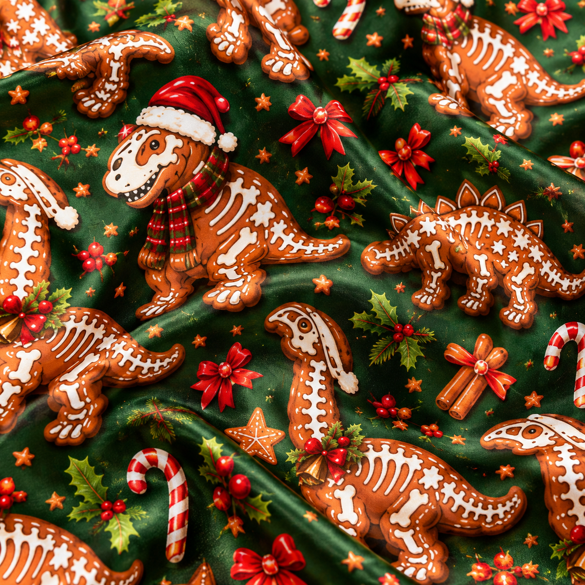 PJ-M2123-Christmas Dinosaur Satin Pajama Set, Gingerbread Dinosaur Santa Hat Pajamas, Candy Cane Festive Holiday Sleepwear