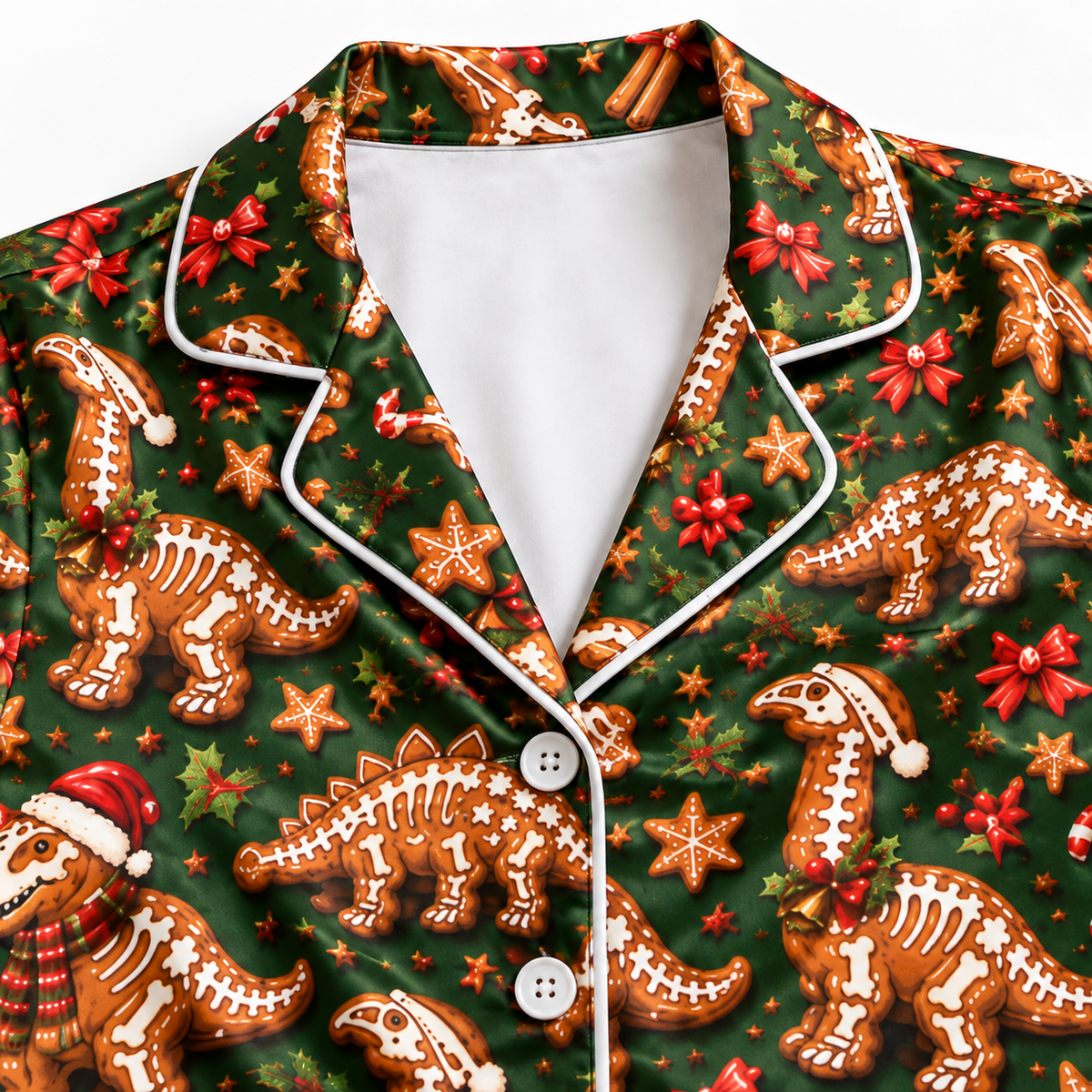 PJ-M2123-Christmas Dinosaur Satin Pajama Set, Gingerbread Dinosaur Santa Hat Pajamas, Candy Cane Festive Holiday Sleepwear