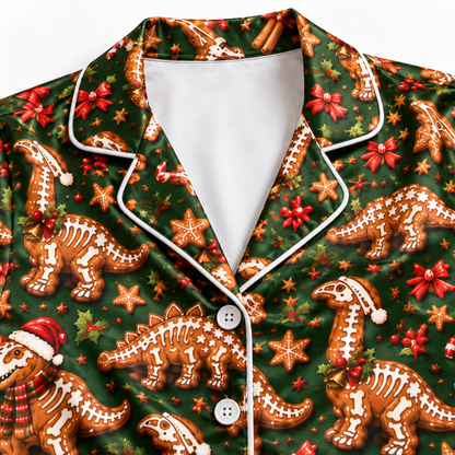 PJ-M2123-Christmas Dinosaur Satin Pajama Set, Gingerbread Dinosaur Santa Hat Pajamas, Candy Cane Festive Holiday Sleepwear