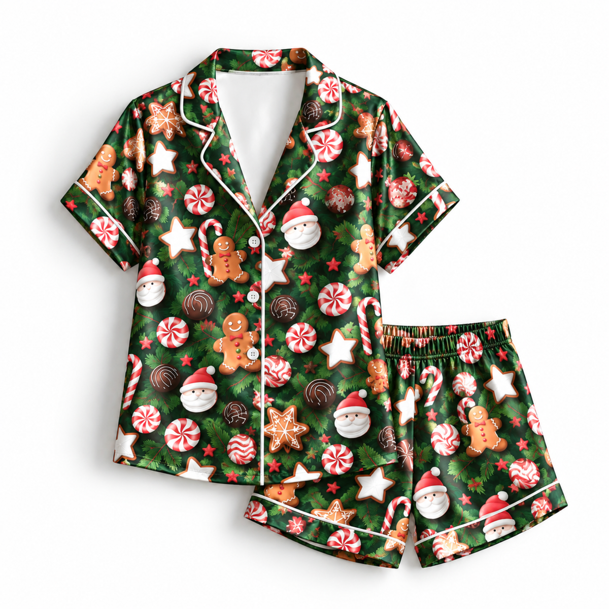 PJ-M2124-Gingerbread Christmas Satin Pajama Set, Santa Candy Cane Peppermint Cookie Pajamas, Festive Holiday Star Sleepwear