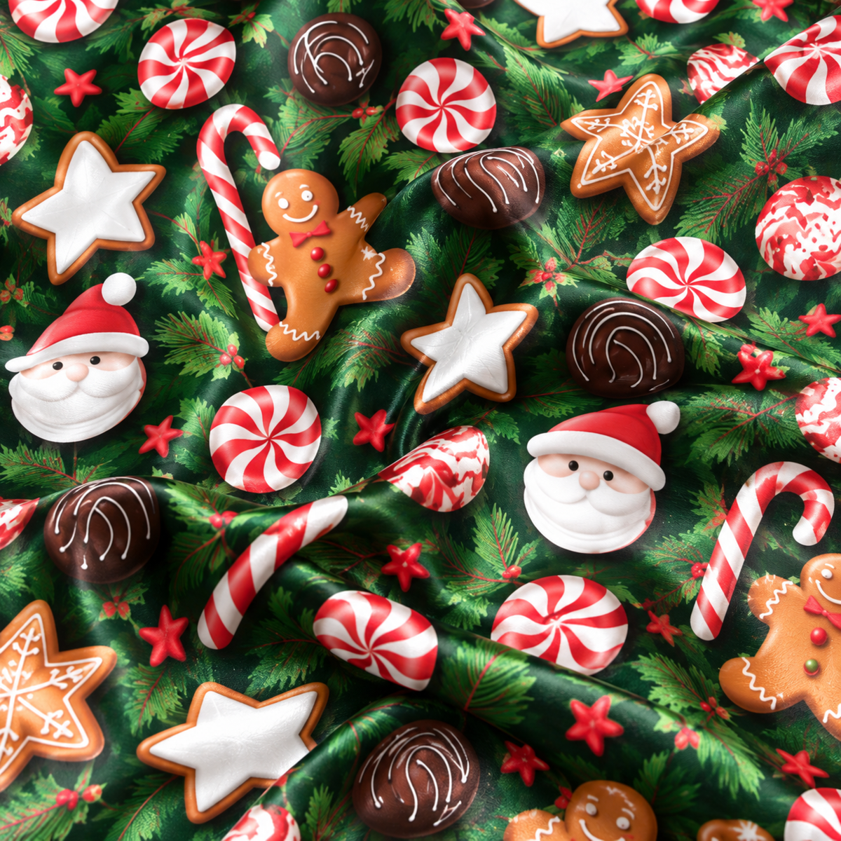 PJ-M2124-Gingerbread Christmas Satin Pajama Set, Santa Candy Cane Peppermint Cookie Pajamas, Festive Holiday Star Sleepwear