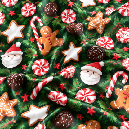 PJ-M2124-Gingerbread Christmas Satin Pajama Set, Santa Candy Cane Peppermint Cookie Pajamas, Festive Holiday Star Sleepwear