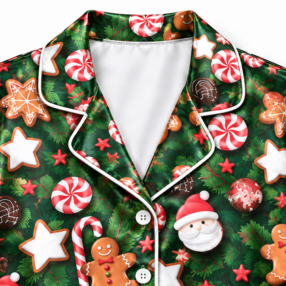 PJ-M2124-Gingerbread Christmas Satin Pajama Set, Santa Candy Cane Peppermint Cookie Pajamas, Festive Holiday Star Sleepwear