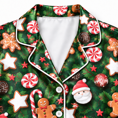 PJ-M2124-Gingerbread Christmas Satin Pajama Set, Santa Candy Cane Peppermint Cookie Pajamas, Festive Holiday Star Sleepwear