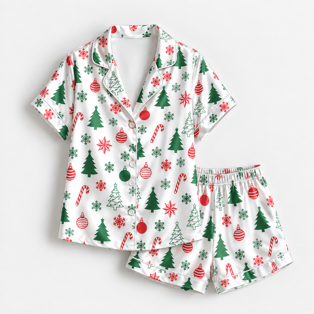 PJ-M2126-Christmas Satin Pajama Set with Christmas Trees Ornaments Candy Canes Snowflakes and Festive Holiday Pattern
