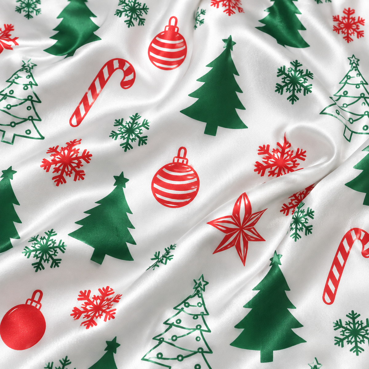 PJ-M2126-Christmas Satin Pajama Set with Christmas Trees Ornaments Candy Canes Snowflakes and Festive Holiday Pattern
