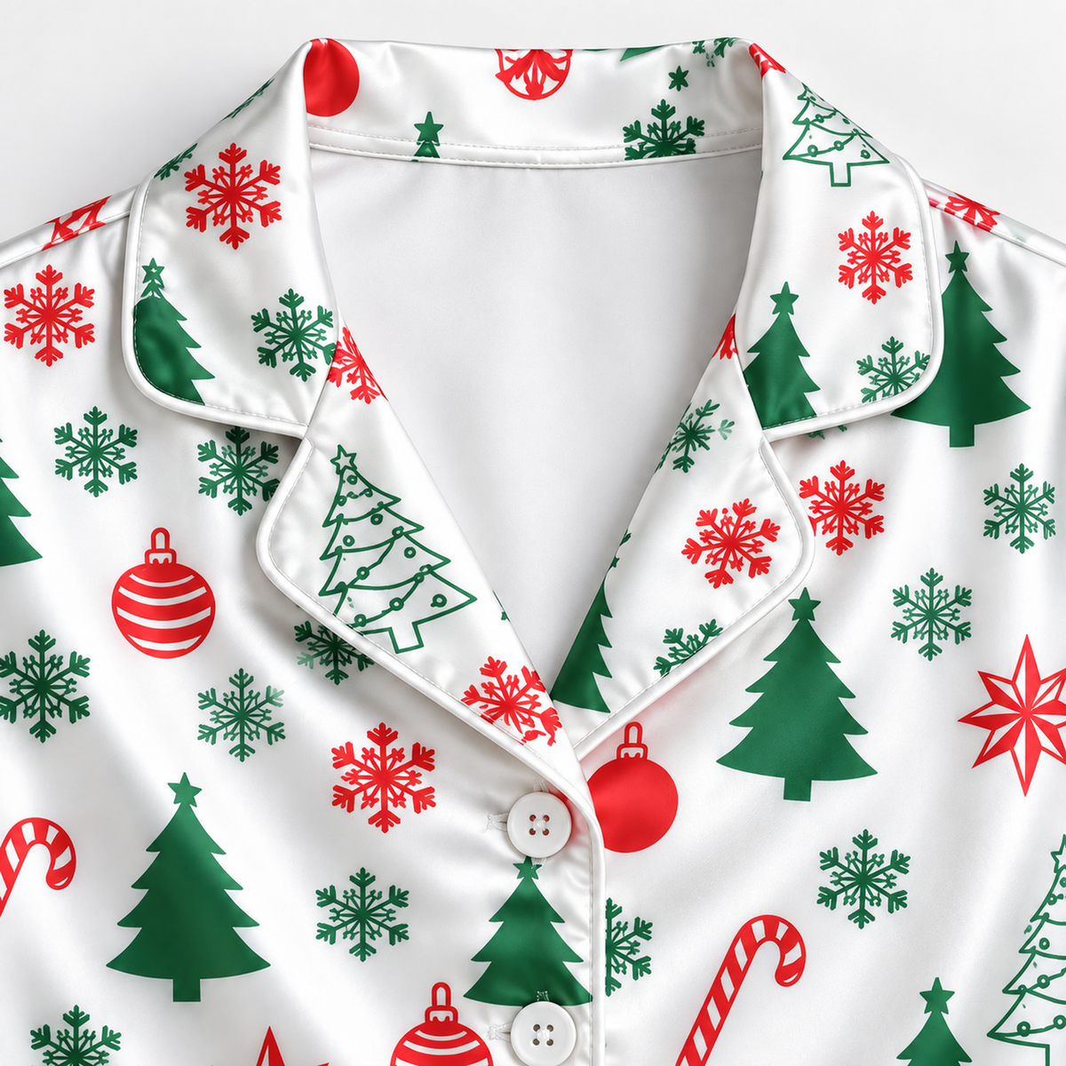 PJ-M2126-Christmas Satin Pajama Set with Christmas Trees Ornaments Candy Canes Snowflakes and Festive Holiday Pattern