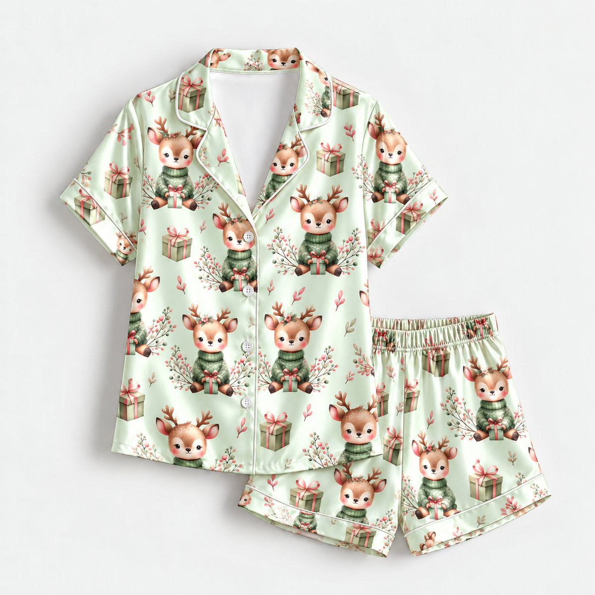 PJ-M2127-Christmas Reindeer Satin Pajama Set with Gifts Winter Greenery Bows and Whimsical Festive Holiday Pattern