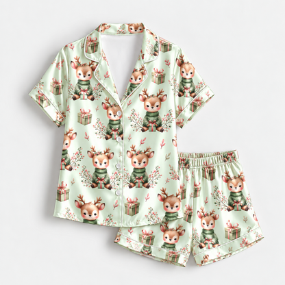 PJ-M2127-Christmas Reindeer Satin Pajama Set with Gifts Winter Greenery Bows and Whimsical Festive Holiday Pattern