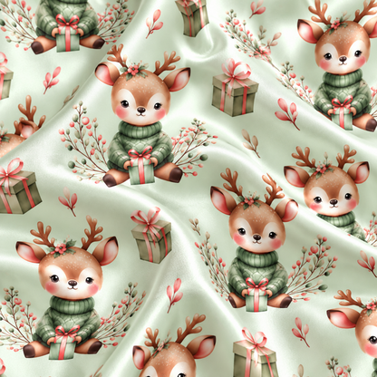 PJ-M2127-Christmas Reindeer Satin Pajama Set with Gifts Winter Greenery Bows and Whimsical Festive Holiday Pattern