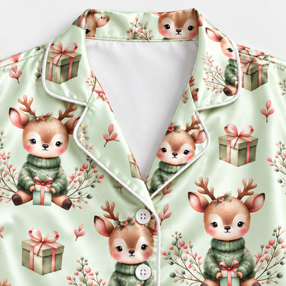 PJ-M2127-Christmas Reindeer Satin Pajama Set with Gifts Winter Greenery Bows and Whimsical Festive Holiday Pattern