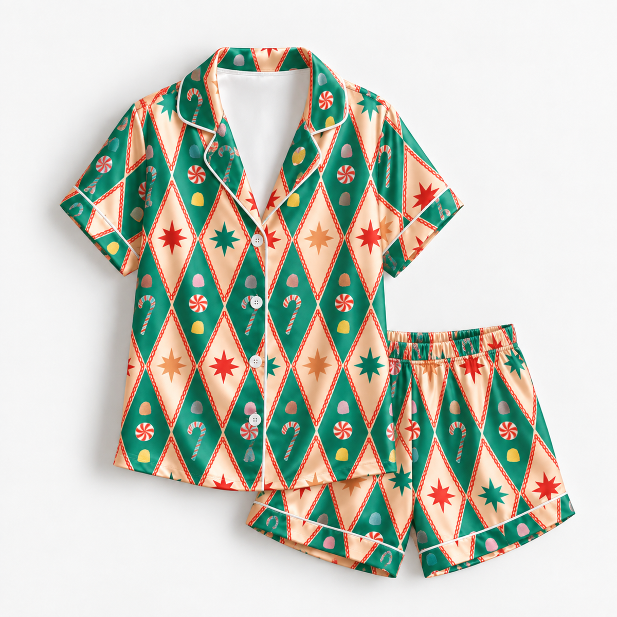 PJ-M2128-Retro Christmas Satin Pajama Set with Diamond Stars Candy Canes Ornaments and Festive Green Holiday Pattern