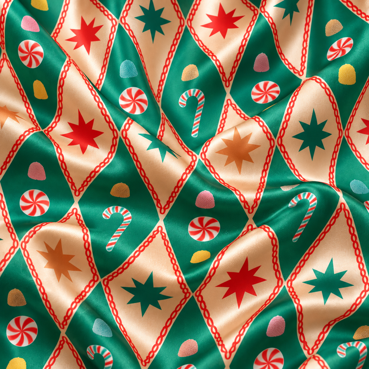 PJ-M2128-Retro Christmas Satin Pajama Set with Diamond Stars Candy Canes Ornaments and Festive Green Holiday Pattern