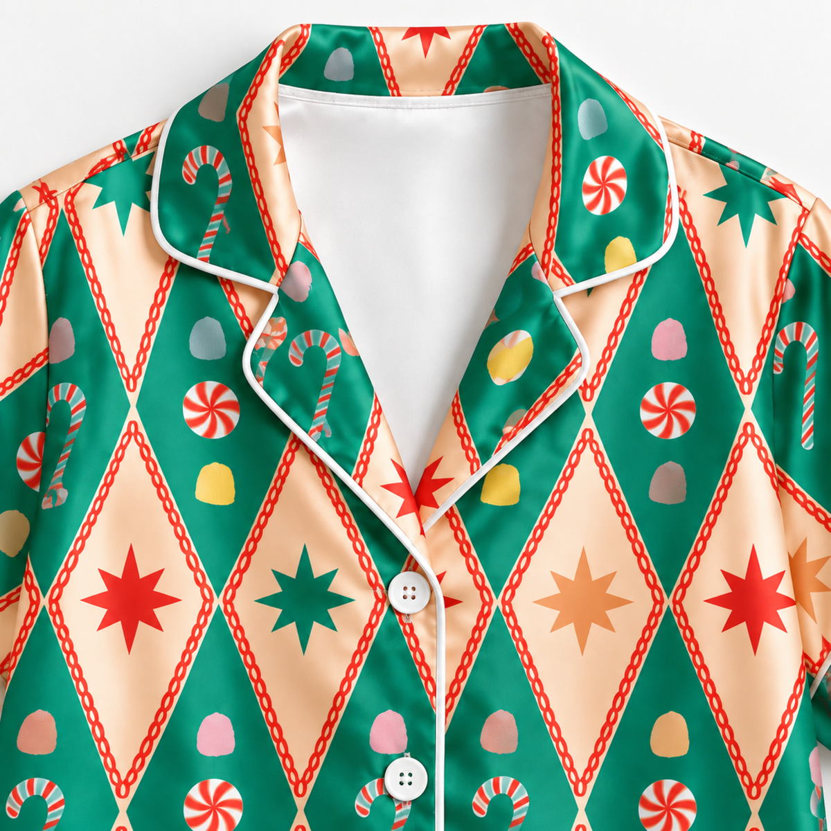 PJ-M2128-Retro Christmas Satin Pajama Set with Diamond Stars Candy Canes Ornaments and Festive Green Holiday Pattern