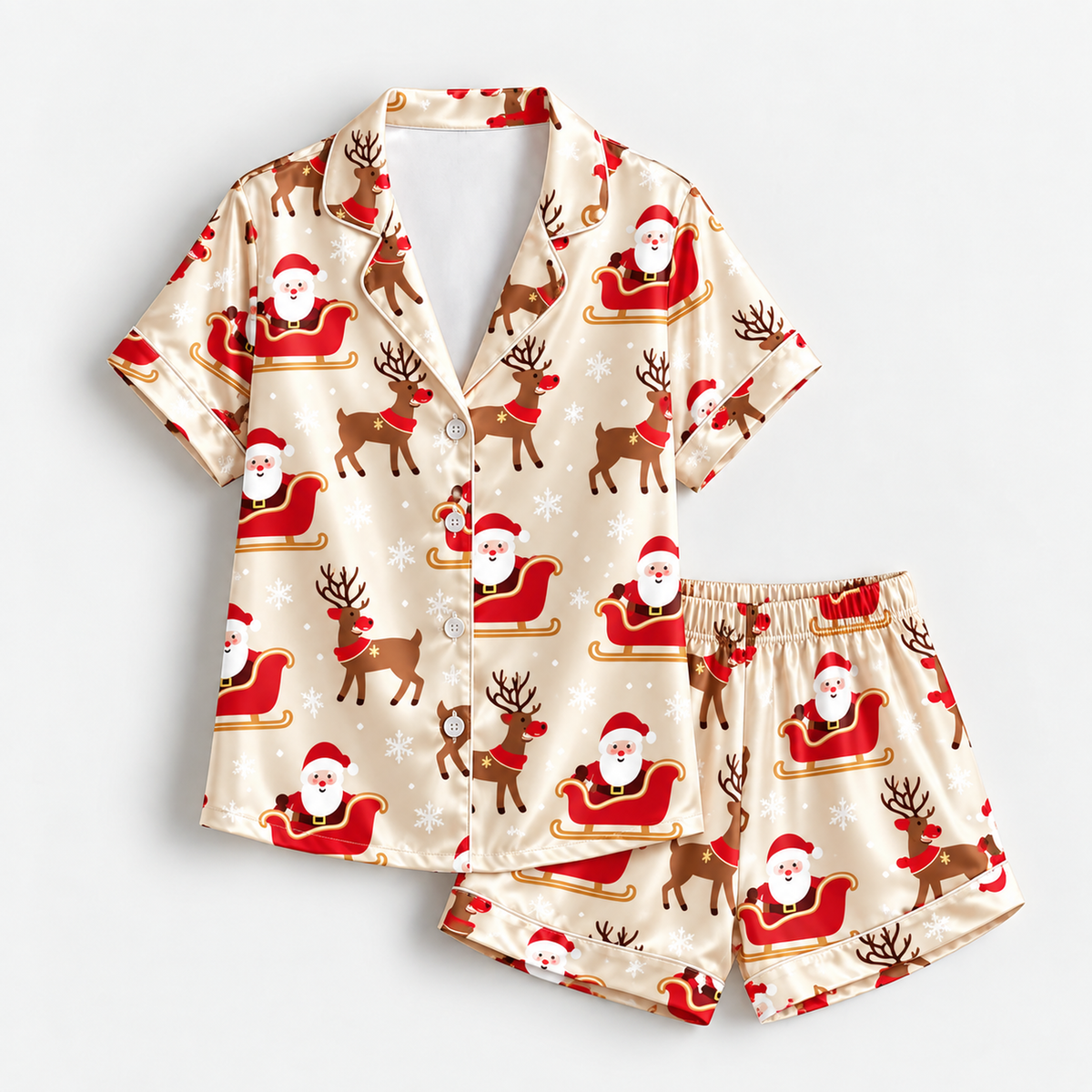 PJ-M2129-Santa Christmas Satin Pajama Set with Reindeer Sleigh Snowflakes and Festive Holiday Pattern