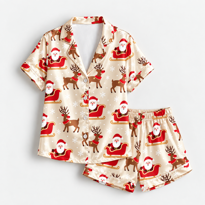 PJ-M2129-Santa Christmas Satin Pajama Set with Reindeer Sleigh Snowflakes and Festive Holiday Pattern