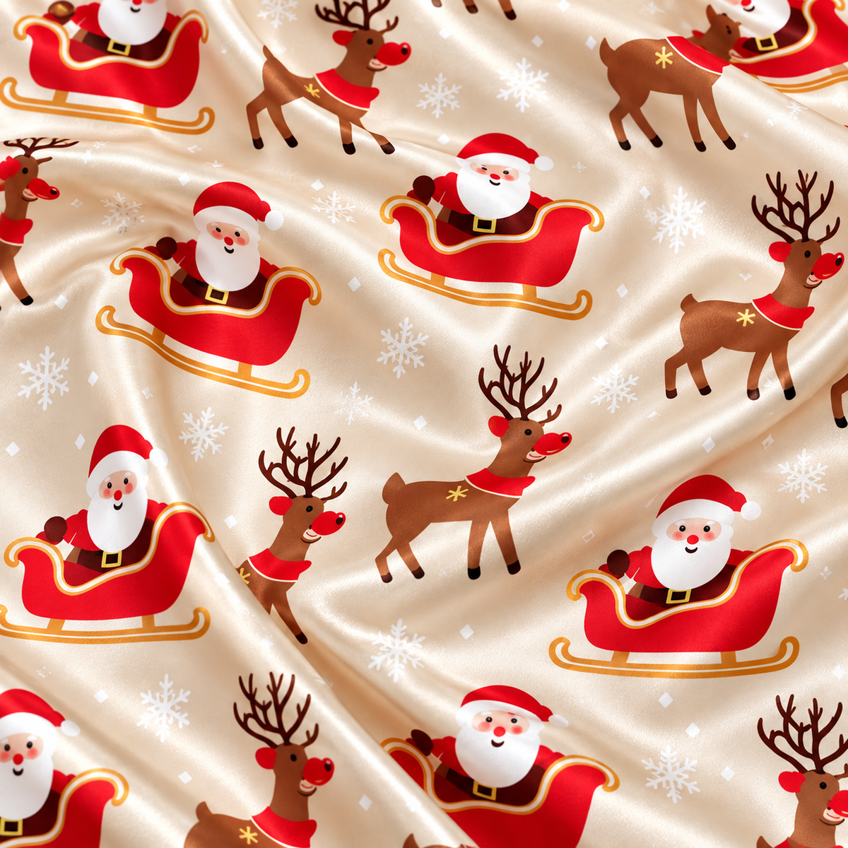 PJ-M2129-Santa Christmas Satin Pajama Set with Reindeer Sleigh Snowflakes and Festive Holiday Pattern