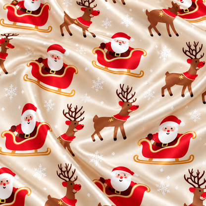 PJ-M2129-Santa Christmas Satin Pajama Set with Reindeer Sleigh Snowflakes and Festive Holiday Pattern
