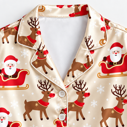 PJ-M2129-Santa Christmas Satin Pajama Set with Reindeer Sleigh Snowflakes and Festive Holiday Pattern
